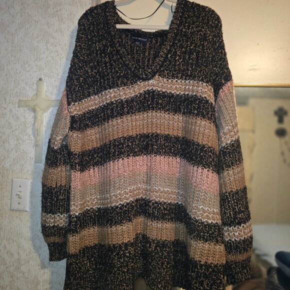 Lane Bryant Brand - Multi Colored, Striped Woven V-neck Long Sleeved Sweater - Picture 1 of 9